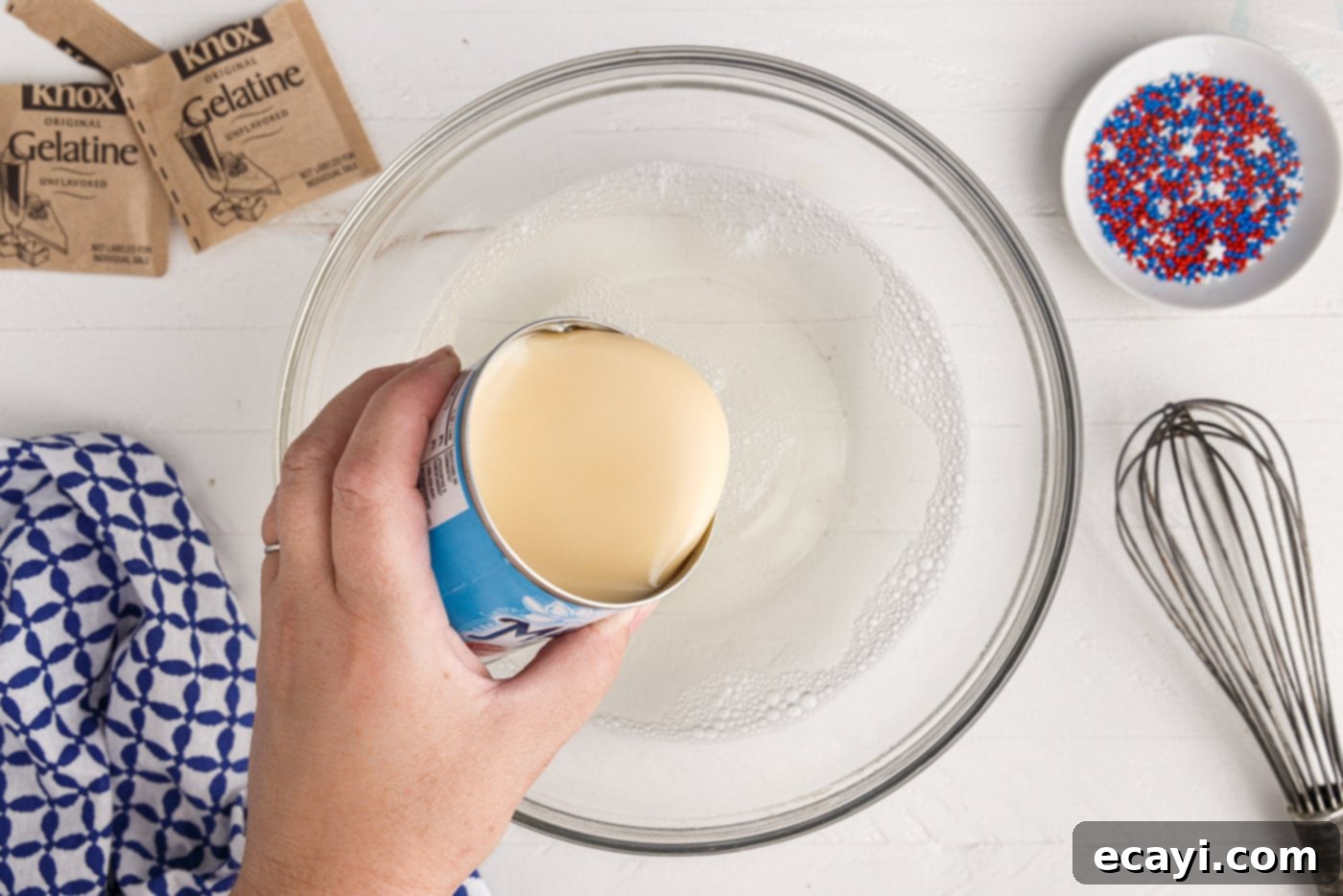 Star-Spangled Gelatin Shots 8 adding sweetened condensed milk to gelatin
