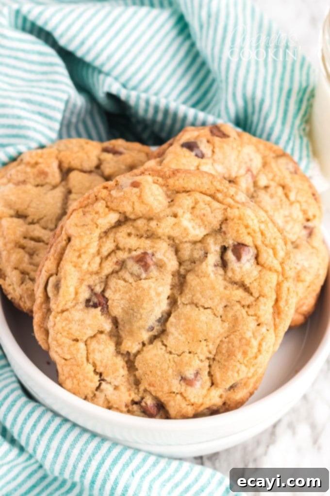 Big Soft Chocolate Chip Cookies AmandasCookin.com chocolate chip cookies in a bowl