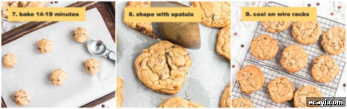 Golden Baked Chocolate Dreams 3 step photos showing cookie dough on baking sheet and cooling racks