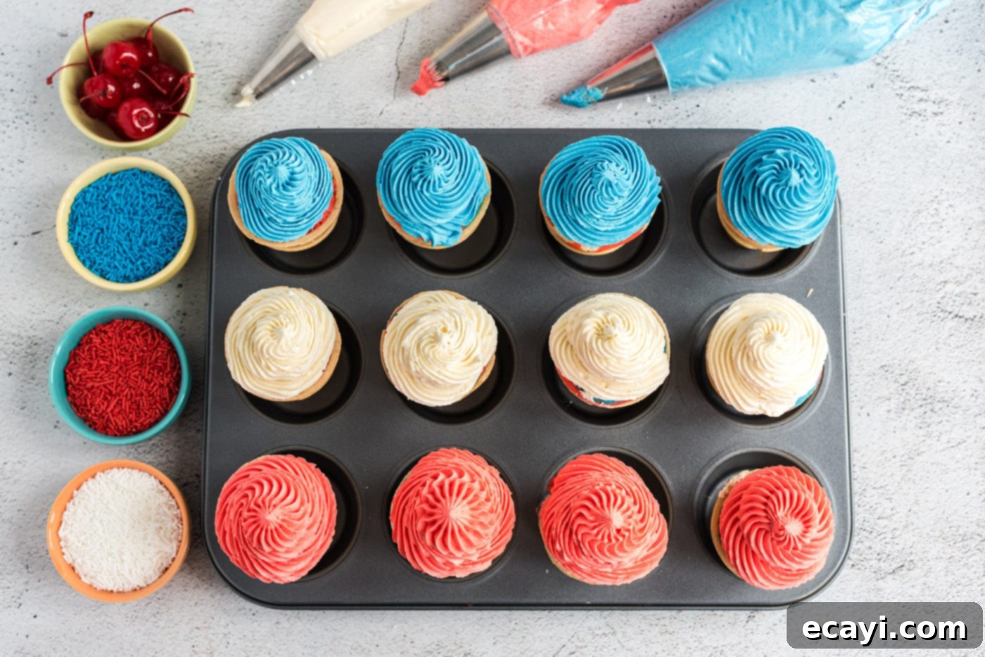 Patriotic Cone Cupcakes 12 Patriotic ice cream cone cupcakes decorated with red, white, and blue frosting
