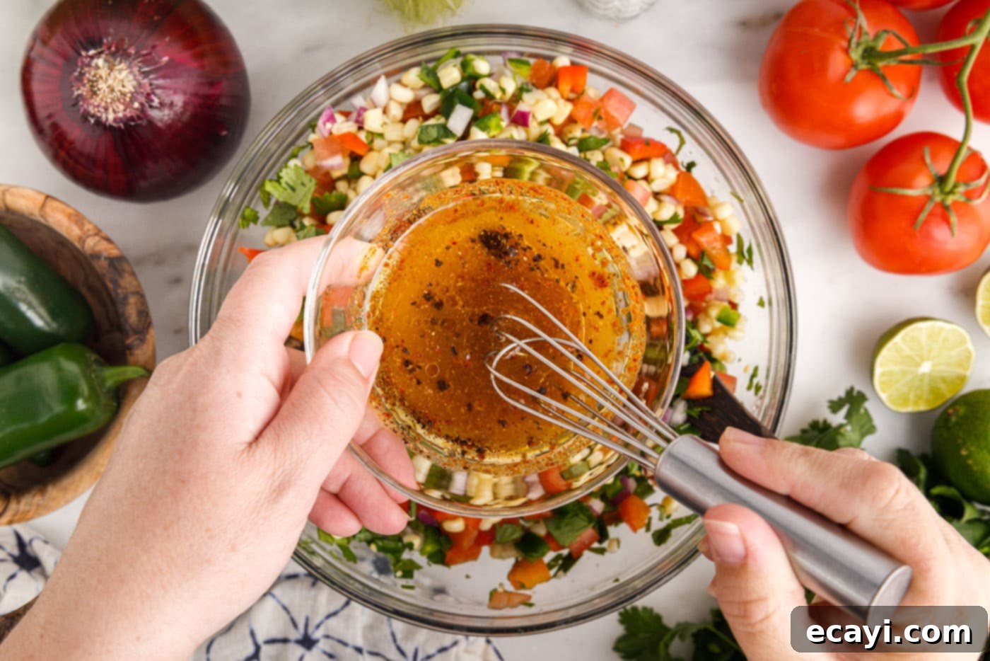 Zesty Corn Medley 7 chili seasoning dressing over corn salsa