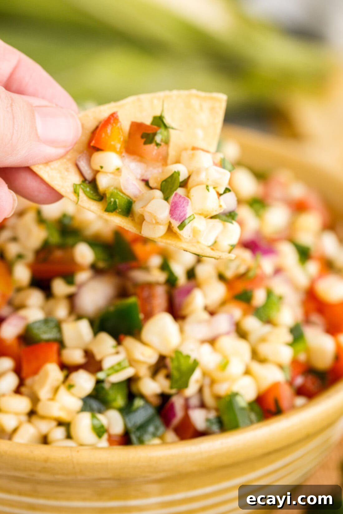 Zesty Corn Medley 9 Corn Salsa on a chip