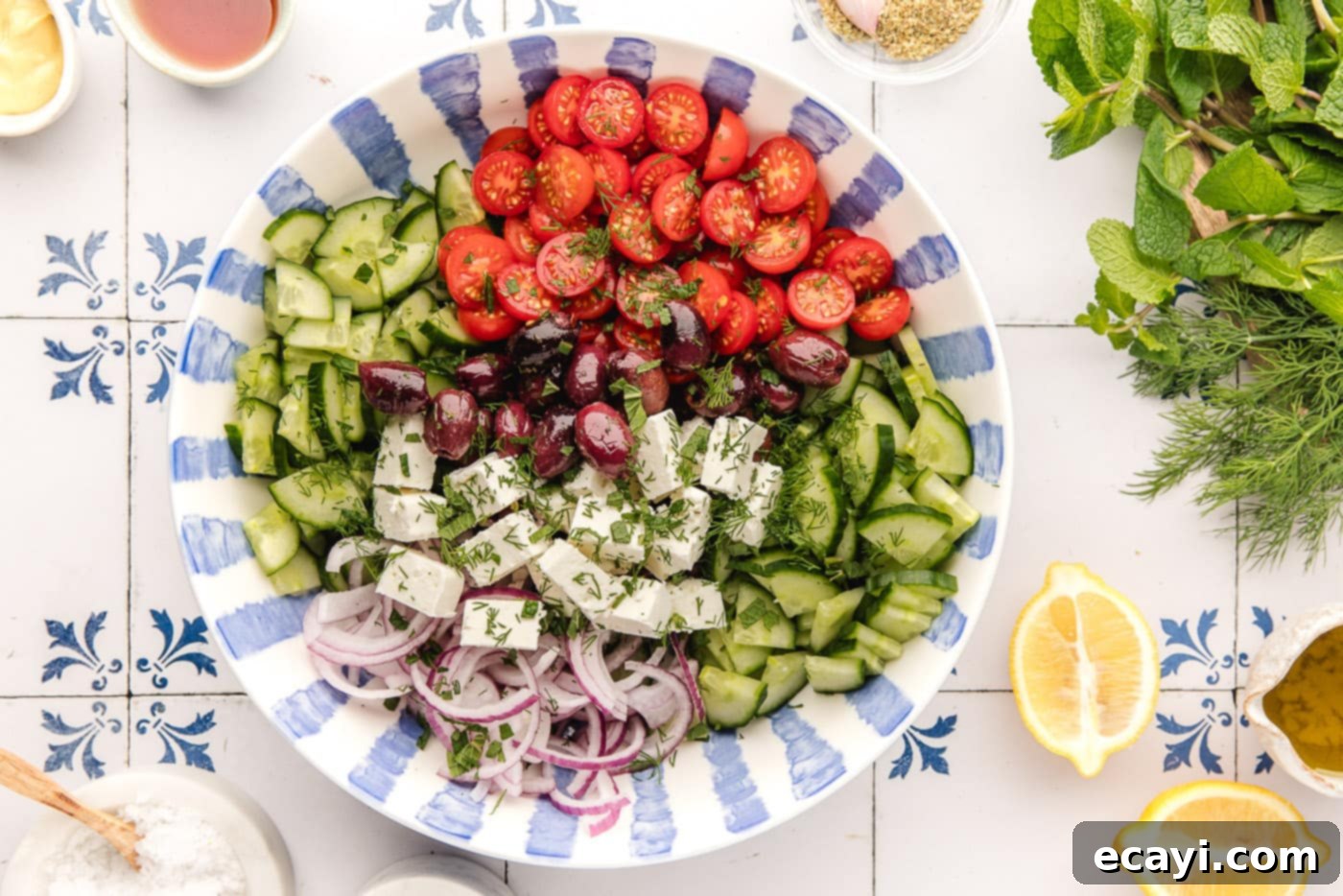 Authentic Greek Salad 5 chopped veggies in a bowl for greek salad