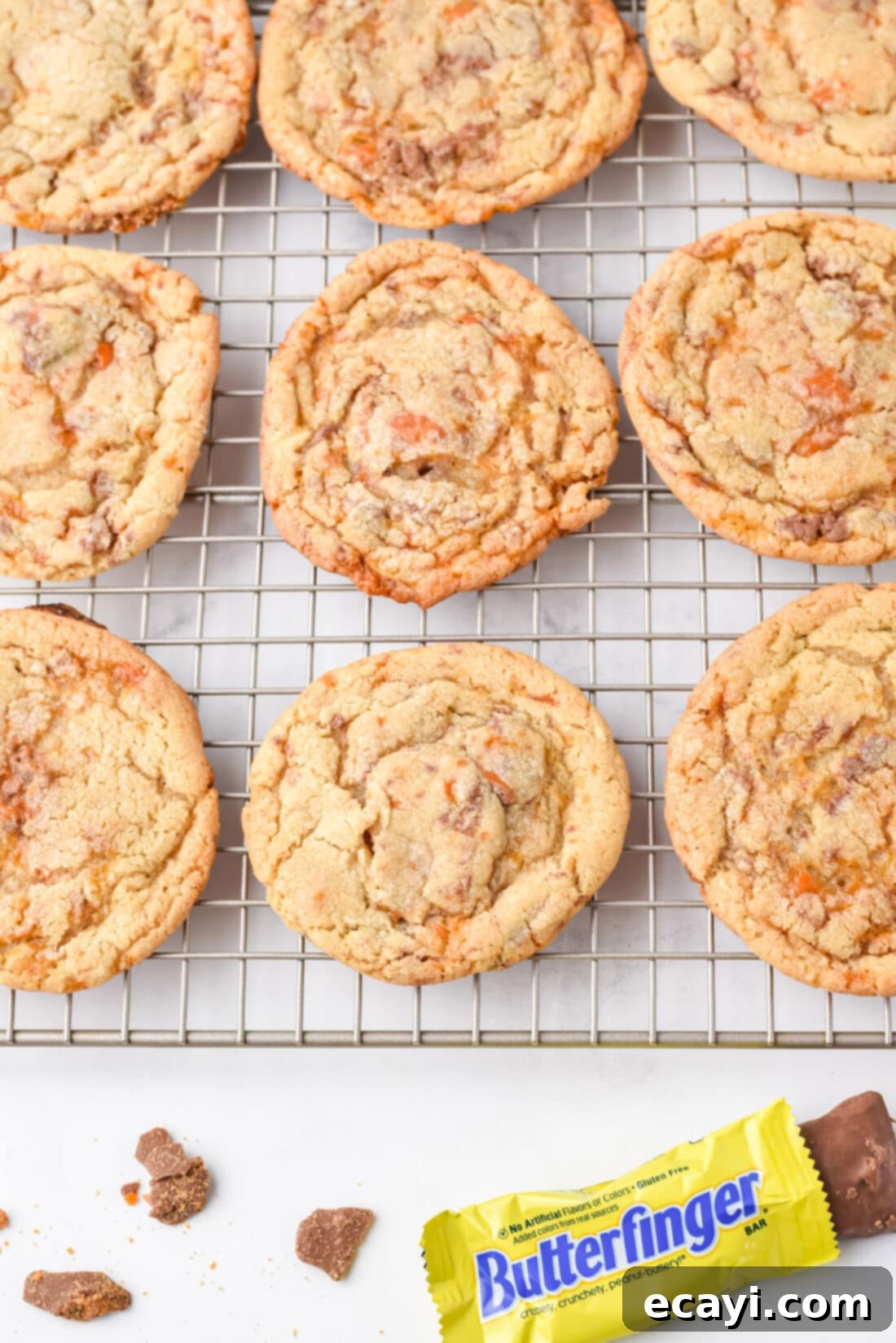 Golden Crunch Butterfinger Cookies 2 Butterfinger Cookies on a wire rack