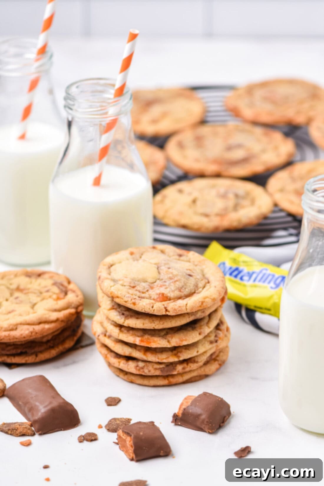 Golden Crunch Butterfinger Cookies 3 stack of Butterfinger Cookies with milk