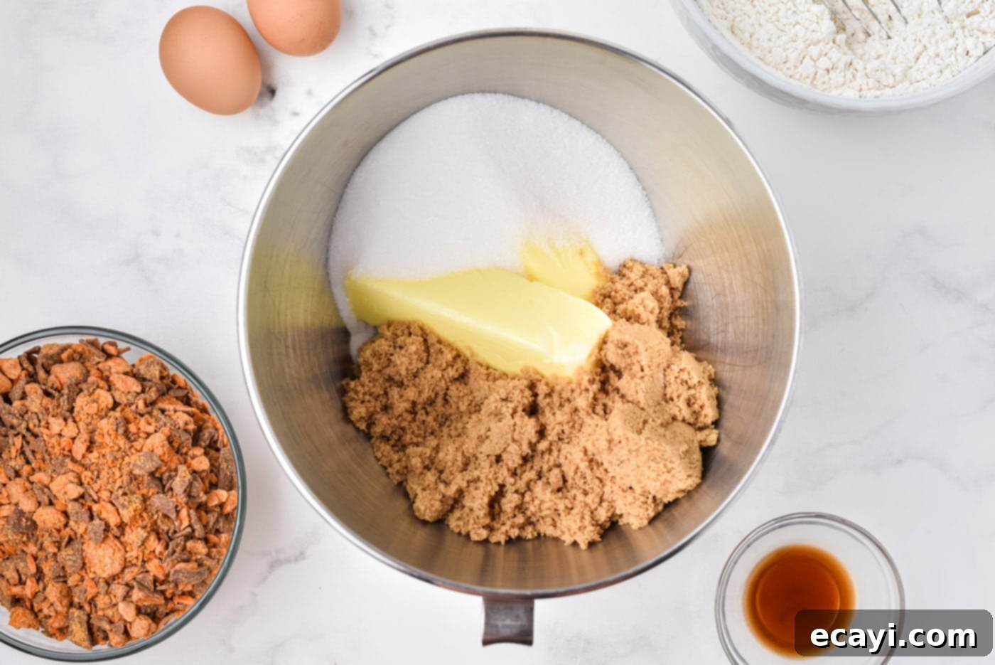 Golden Crunch Butterfinger Cookies 6 butter, brown sugar, and granulated sugar in a bowl