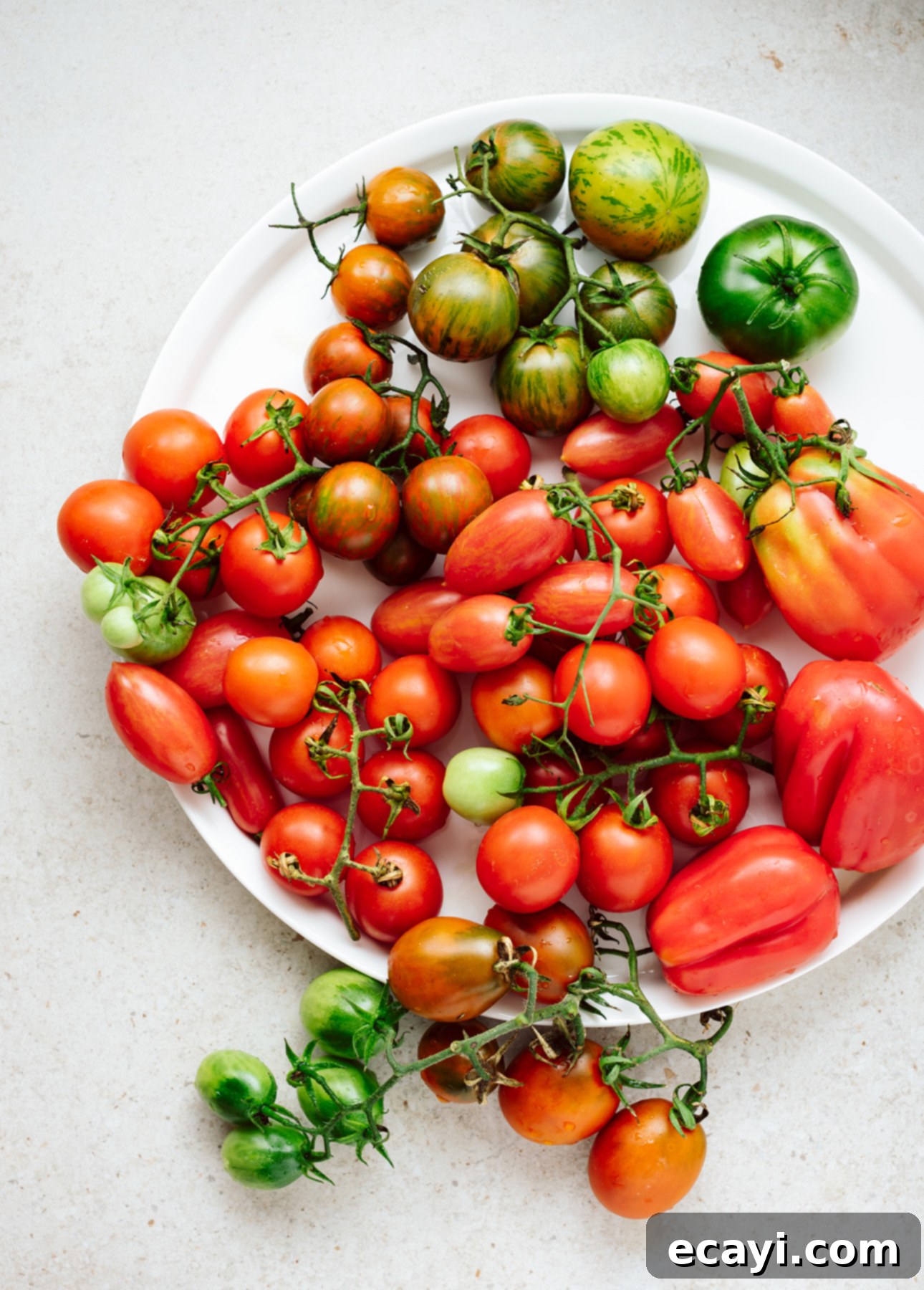 Zesty Tomato Corn Medley 5 Various fresh ripe tomatoes on a white plate // FoodNouveau.com