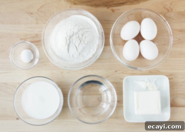Chocolate Eclairs A Visual Step by Step Guide 15 Key ingredients to make light and airy choux paste for éclairs // FoodNouveau.com