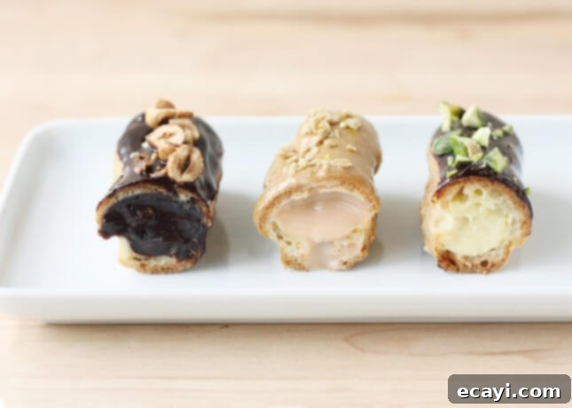Chocolate Eclairs A Visual Step by Step Guide 26 Assortment of chocolate, maple, and vanilla flavored éclairs // FoodNouveau.com