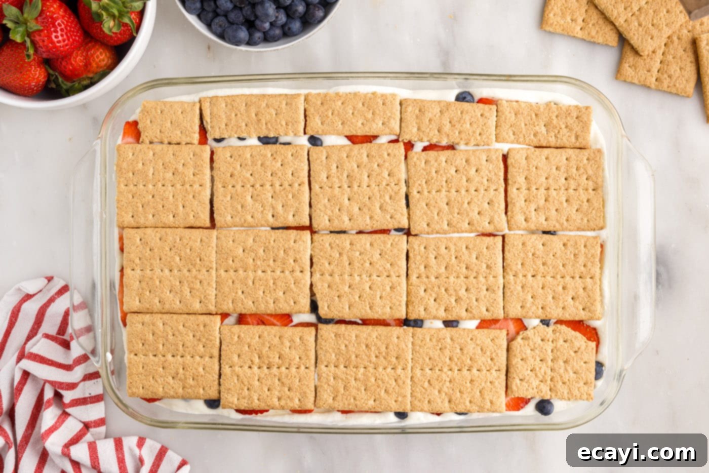 Berry Burst Chill Cake 16 layer of graham crackers over fresh berries