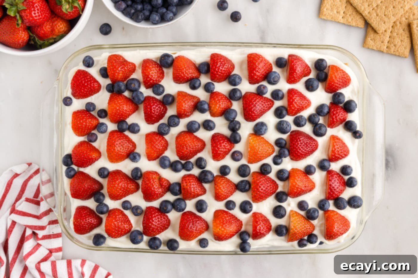Berry Burst Chill Cake 17 strawberries and blueberries on top of mixed berry icebox cake