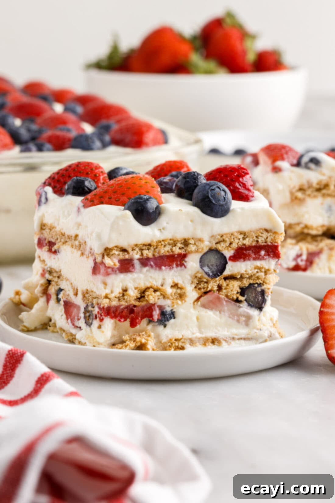Berry Burst Chill Cake 18 slice of Mixed Berry Icebox Cake on a plate