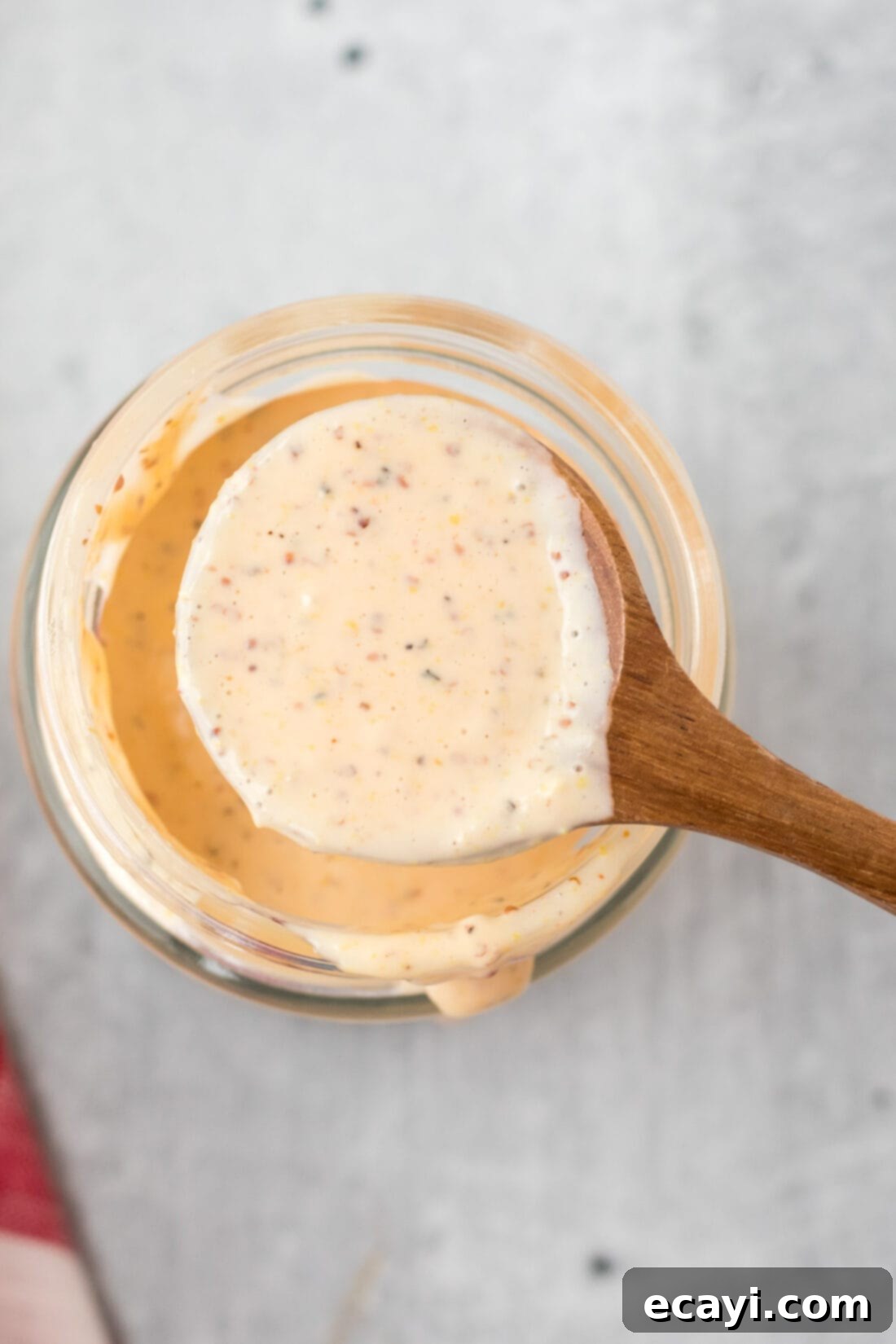 Tangy Southern White BBQ Sauce 6 overhead photo of spoon of Alabama White Sauce, ready to be served