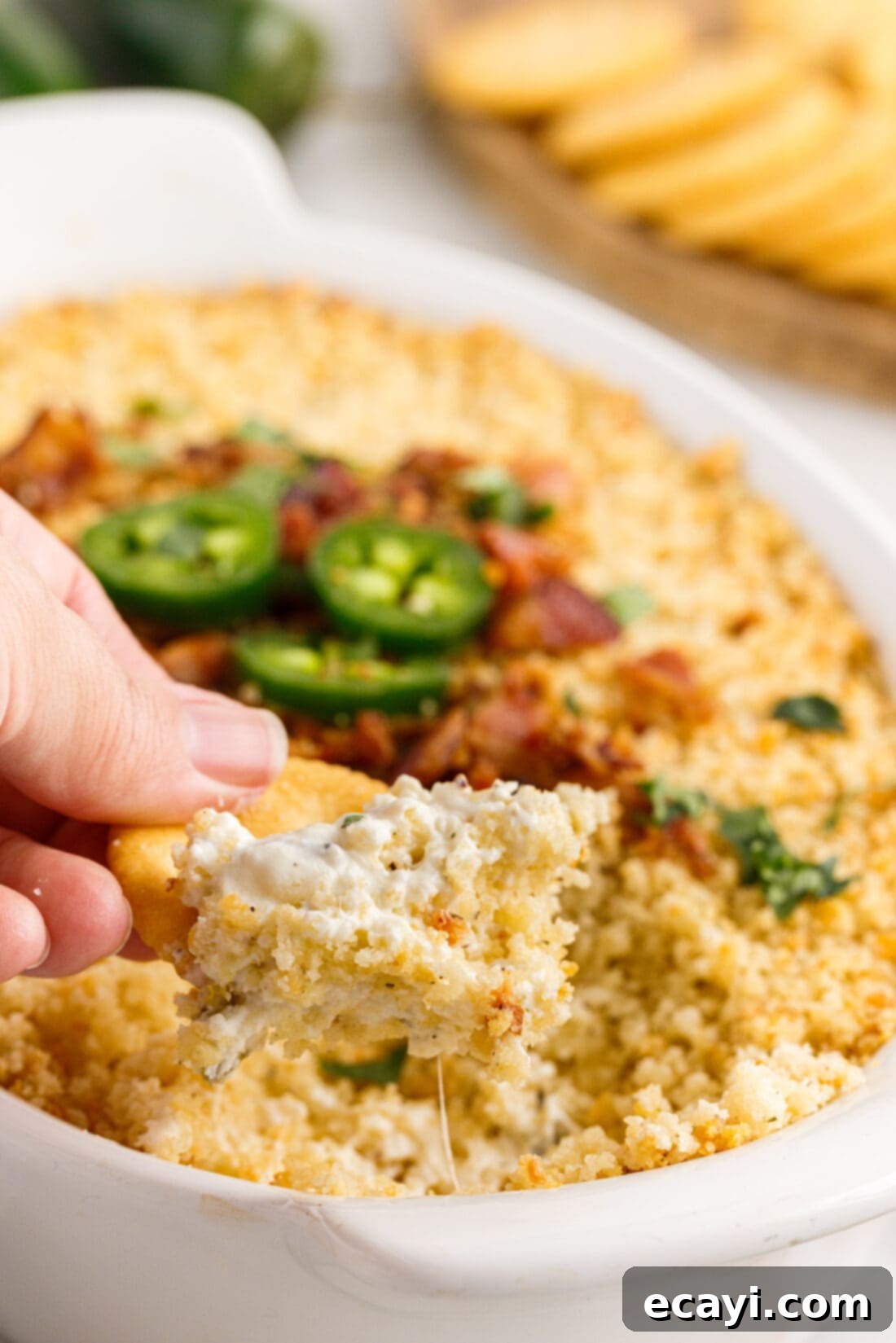 Zesty Jalapeno Delight Dip 11 lifting Jalapeno Popper Dip with a cracker