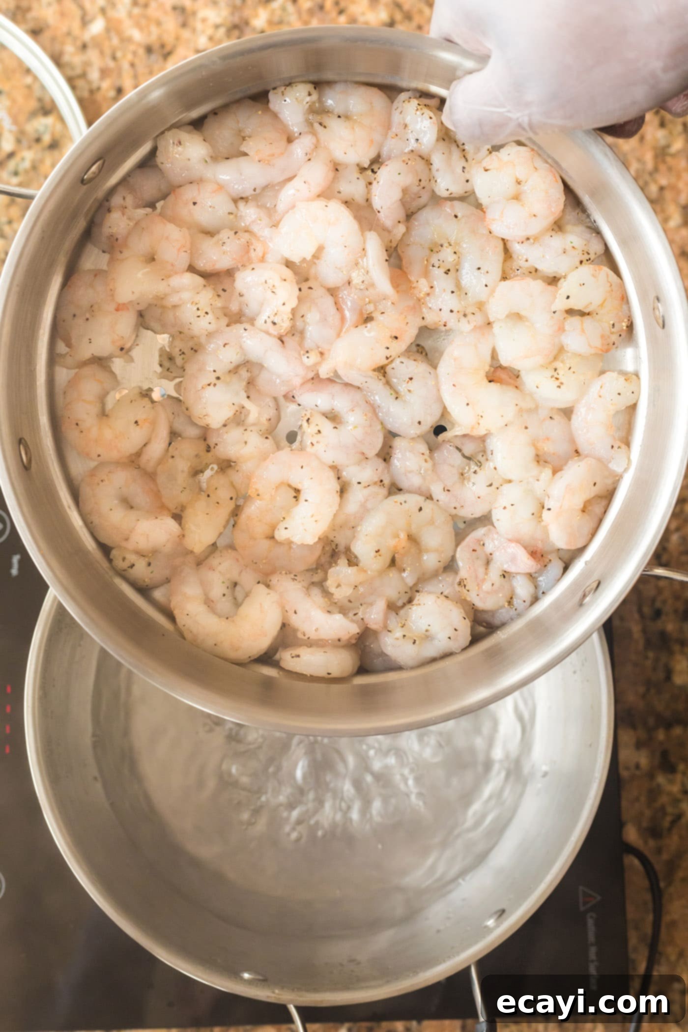 Zesty Shrimp Salad 6 shrimp steaming in a pot, turning pink and ready to be removed