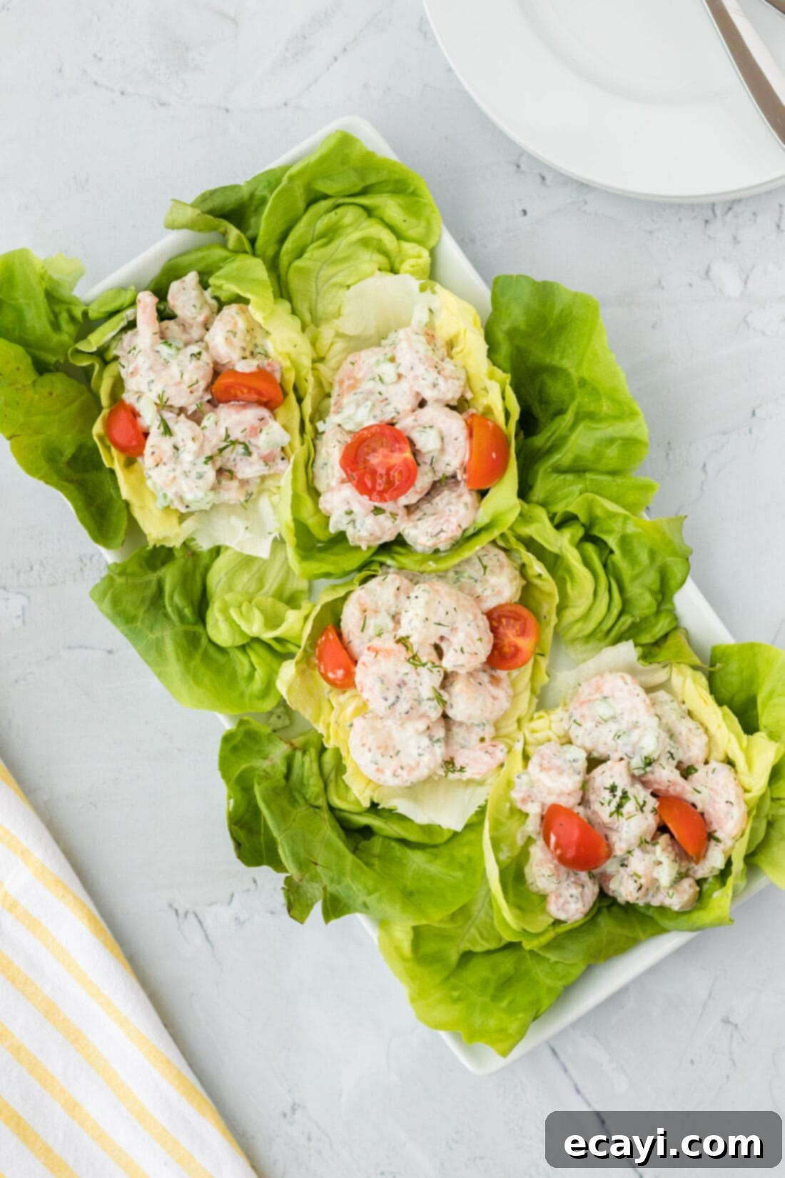 Zesty Shrimp Salad 8 Shrimp Salad served attractively on fresh lettuce leaves with a lemon wedge