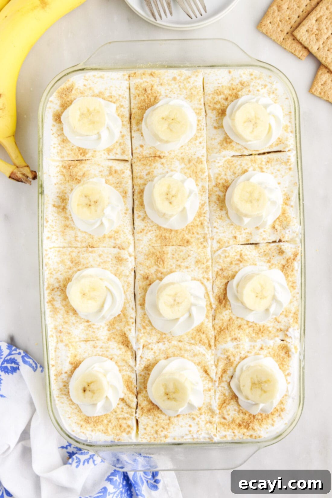 No-Bake Banana Cream Delight 3 overhead view of Banana Cream Pie Icebox Cake sliced
