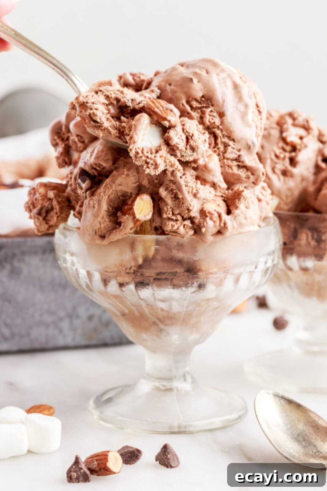 The Ultimate Rocky Road 3 A dish of creamy Rocky Road Ice Cream, topped with extra marshmallows and almonds