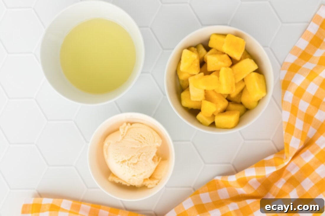 Pineapple Paradise Swirl 4 Three key ingredients for Dole Whip: a bag of frozen pineapple chunks, a container of vanilla ice cream, and a carton of pineapple juice, arranged neatly.