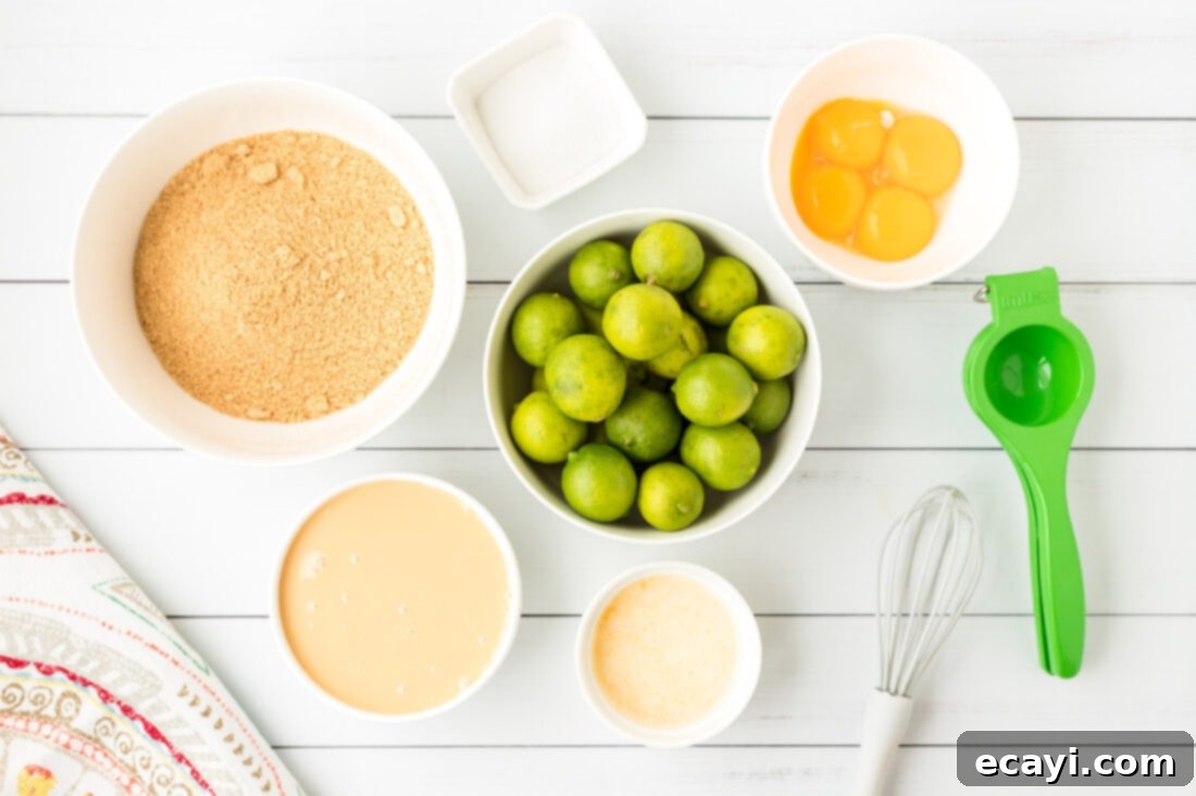 Key Lime Pie Bites 4 A collection of ingredients for Mini Key Lime Pies, including limes, graham crackers, and condensed milk.