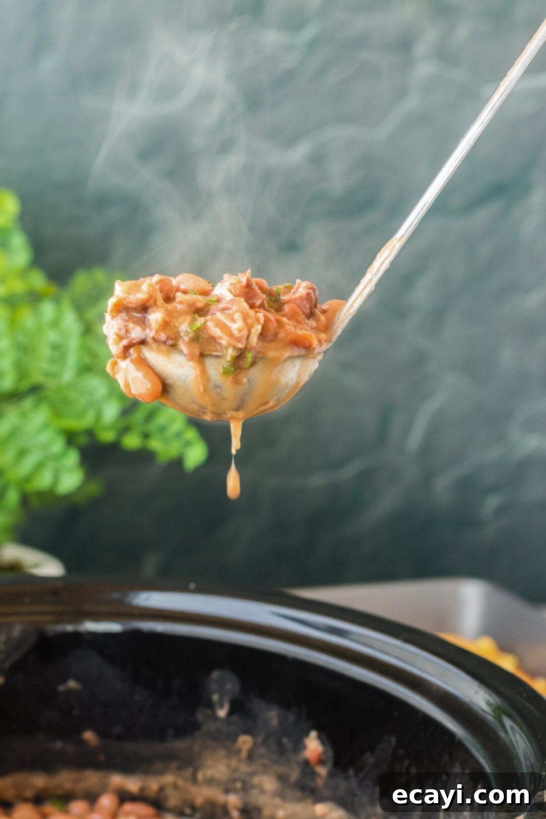 Effortless Slow Cooker Pinto Beans 3 A ladle full of rich, flavorful slow cooker pinto beans with pieces of shredded turkey