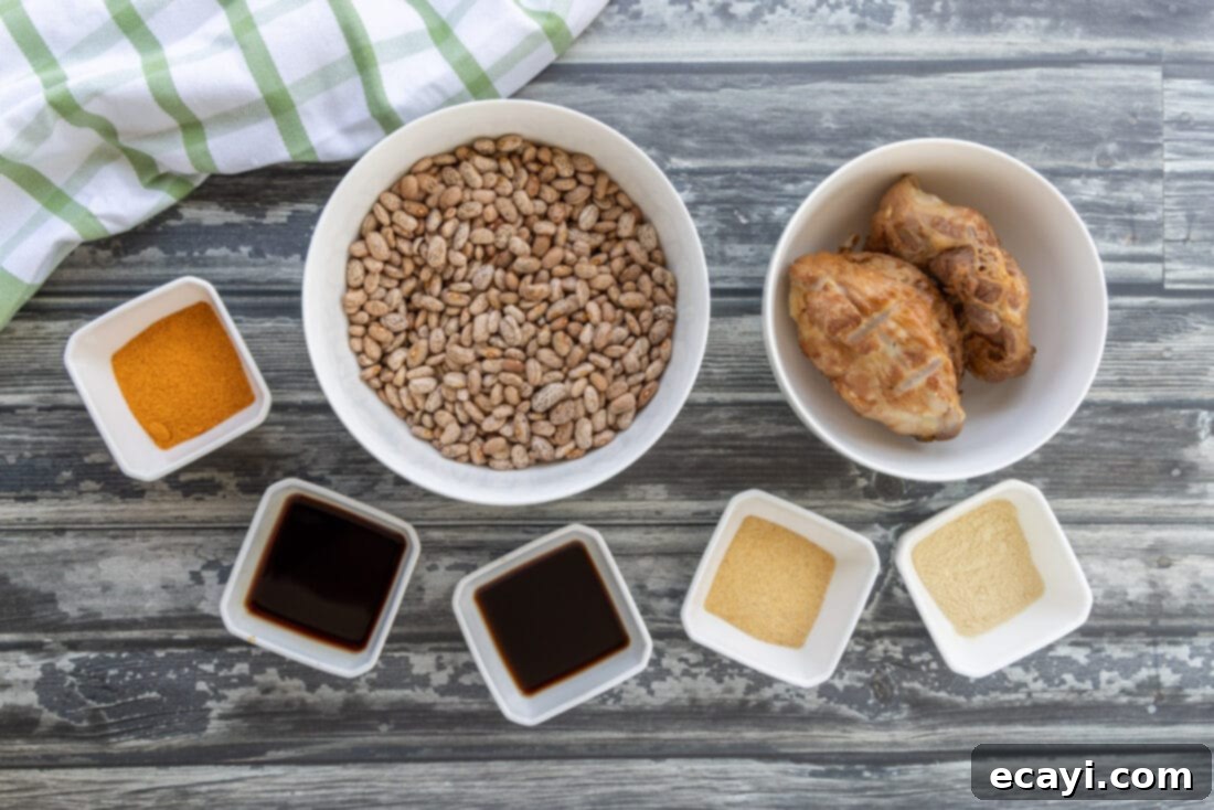 Effortless Slow Cooker Pinto Beans 4 Arrangement of ingredients for Slow Cooker Pinto Beans including dried beans, turkey tails, and seasonings