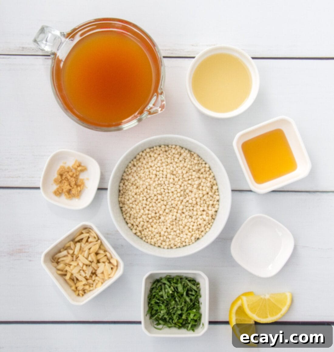 Bright Lemon Couscous 4 Ingredients laid out on a counter for making Lemon Couscous