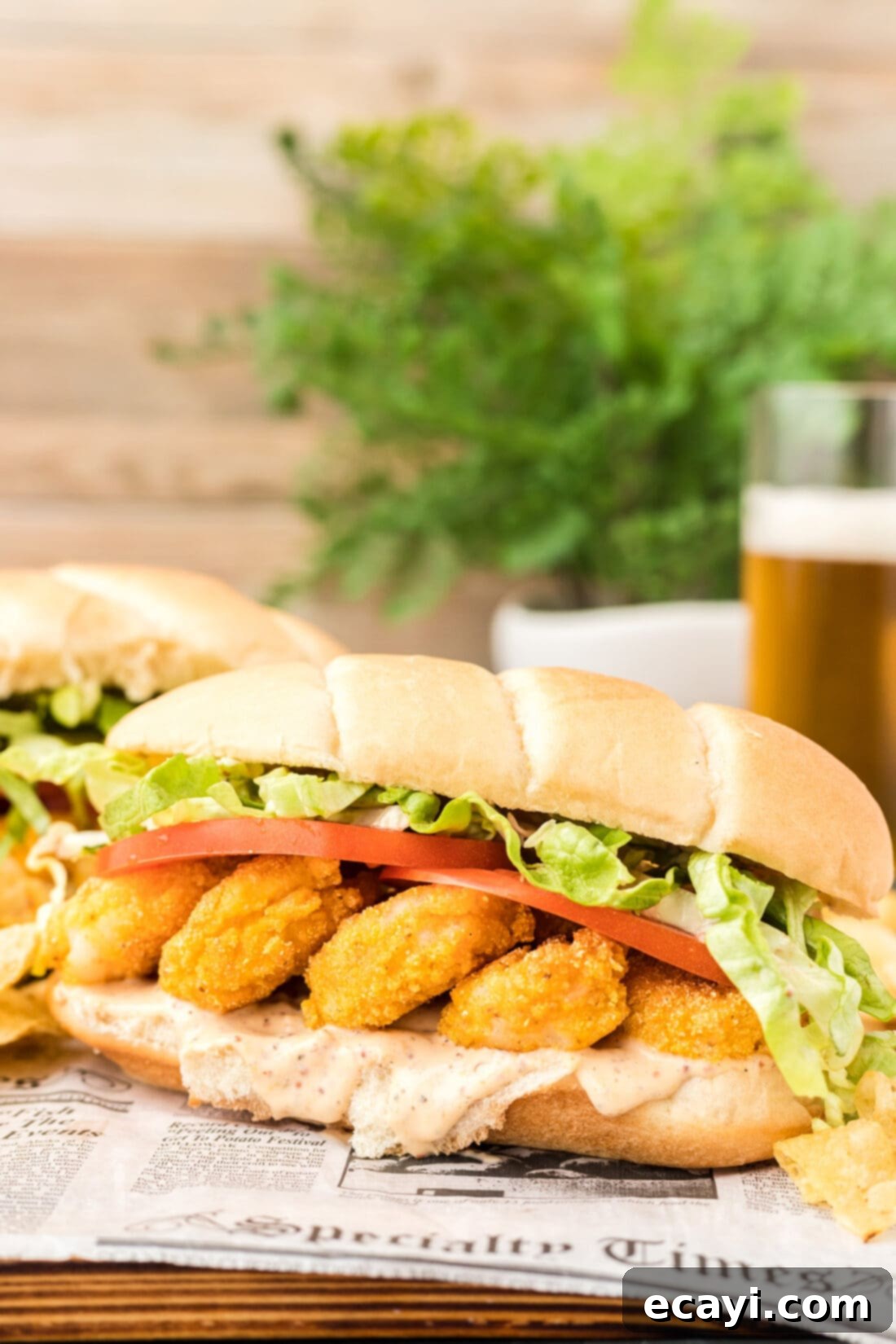 Crispy Golden Shrimp Po' Boy 3 A perfectly assembled Shrimp Po Boy sandwich served with a cold beer, highlighting the golden-fried shrimp, fresh vegetables, and soft bun.