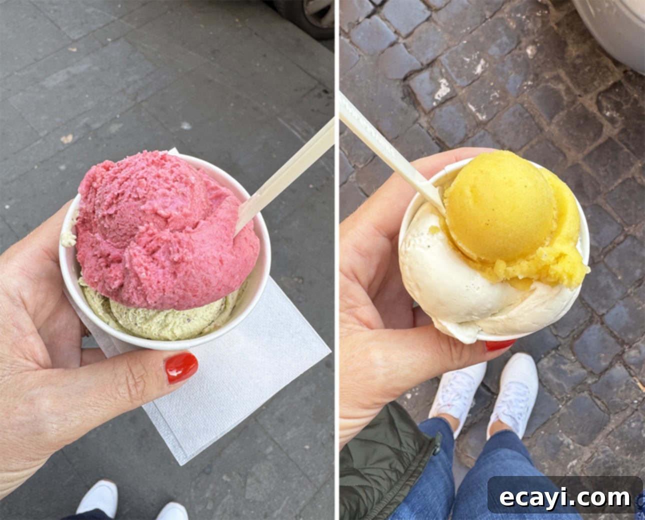 Homemade Italian Gelato: Simple Steps to Sweet Perfection 3 Two images side by side. On the left, a person holds a cup of pink and green gelato with a plastic spoon over a napkin. On the right, a person holds yellow and white gelato with a spoon. Both capture the essence of learning how to make gelato amidst cobblestone sidewalks. // FoodNouveau.com