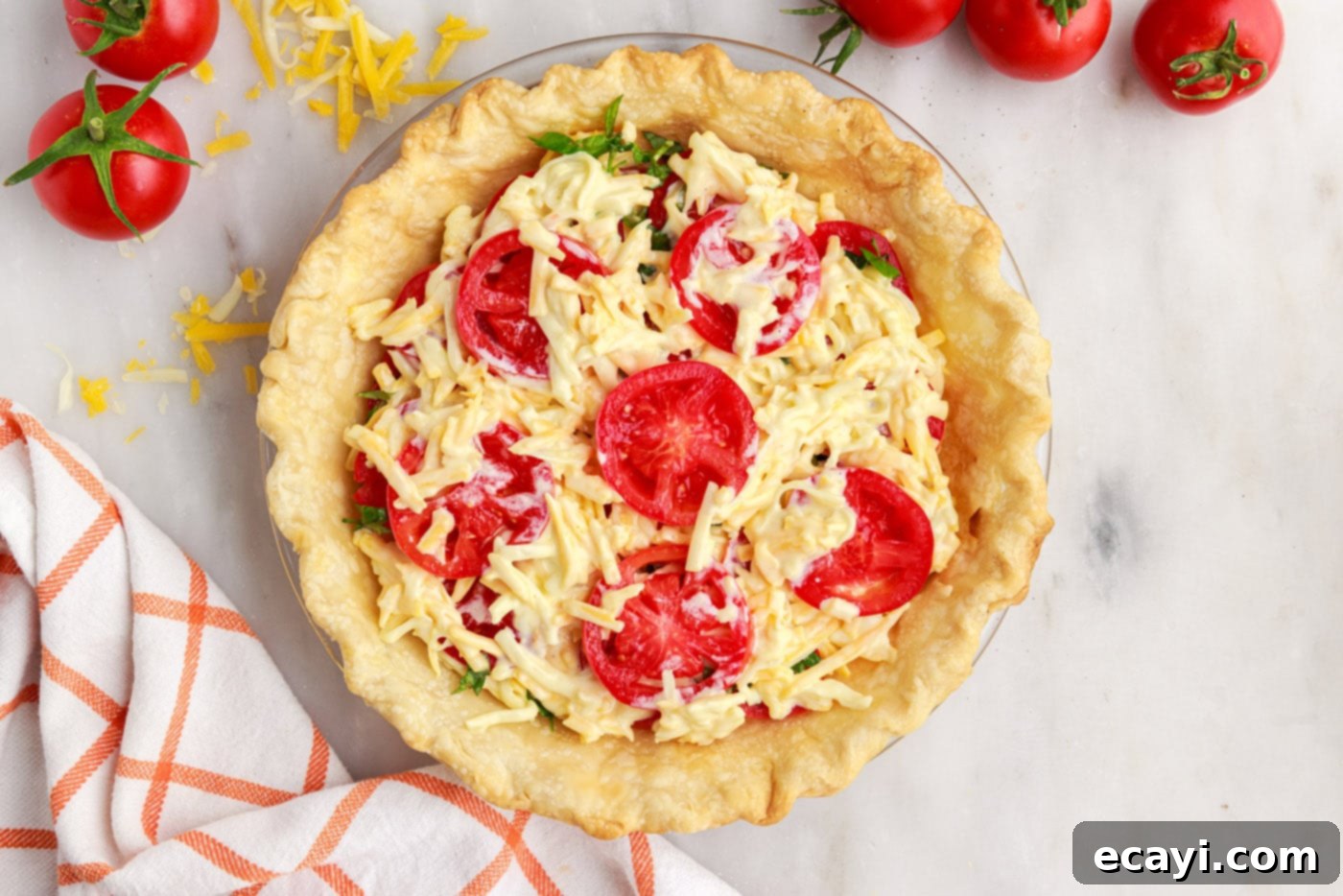 Summer Tomato Tart 12 tomato, cheese, and basil layers in tomato pie