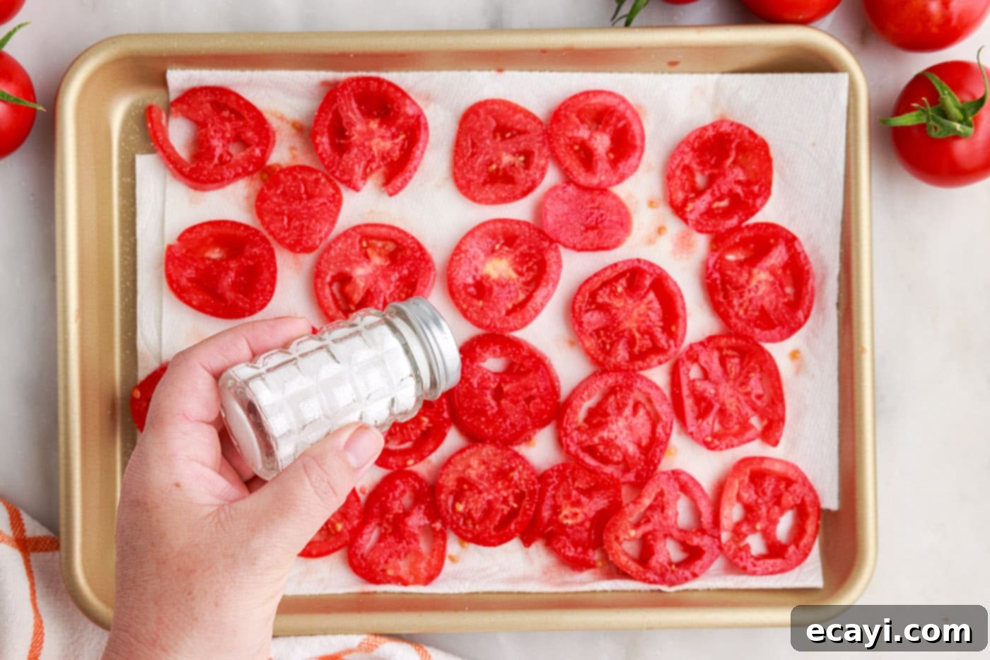 Summer Tomato Tart 5 salting tomatoes on a pan