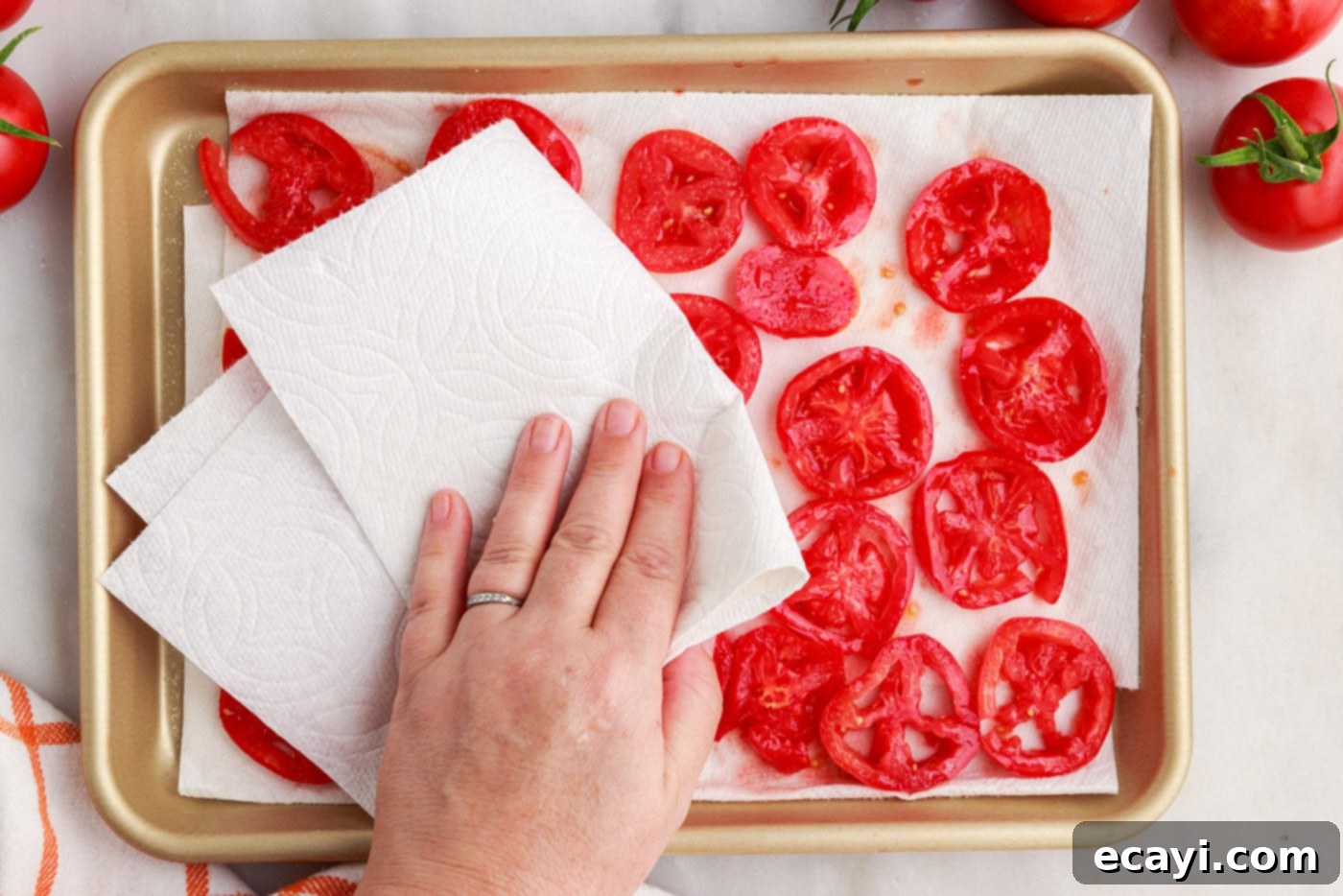Summer Tomato Tart 6 patting tomatoes dry with paper towels