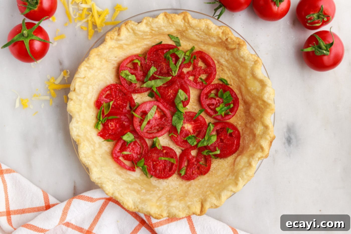 Summer Tomato Tart 8 chopped basil on top of tomato pie