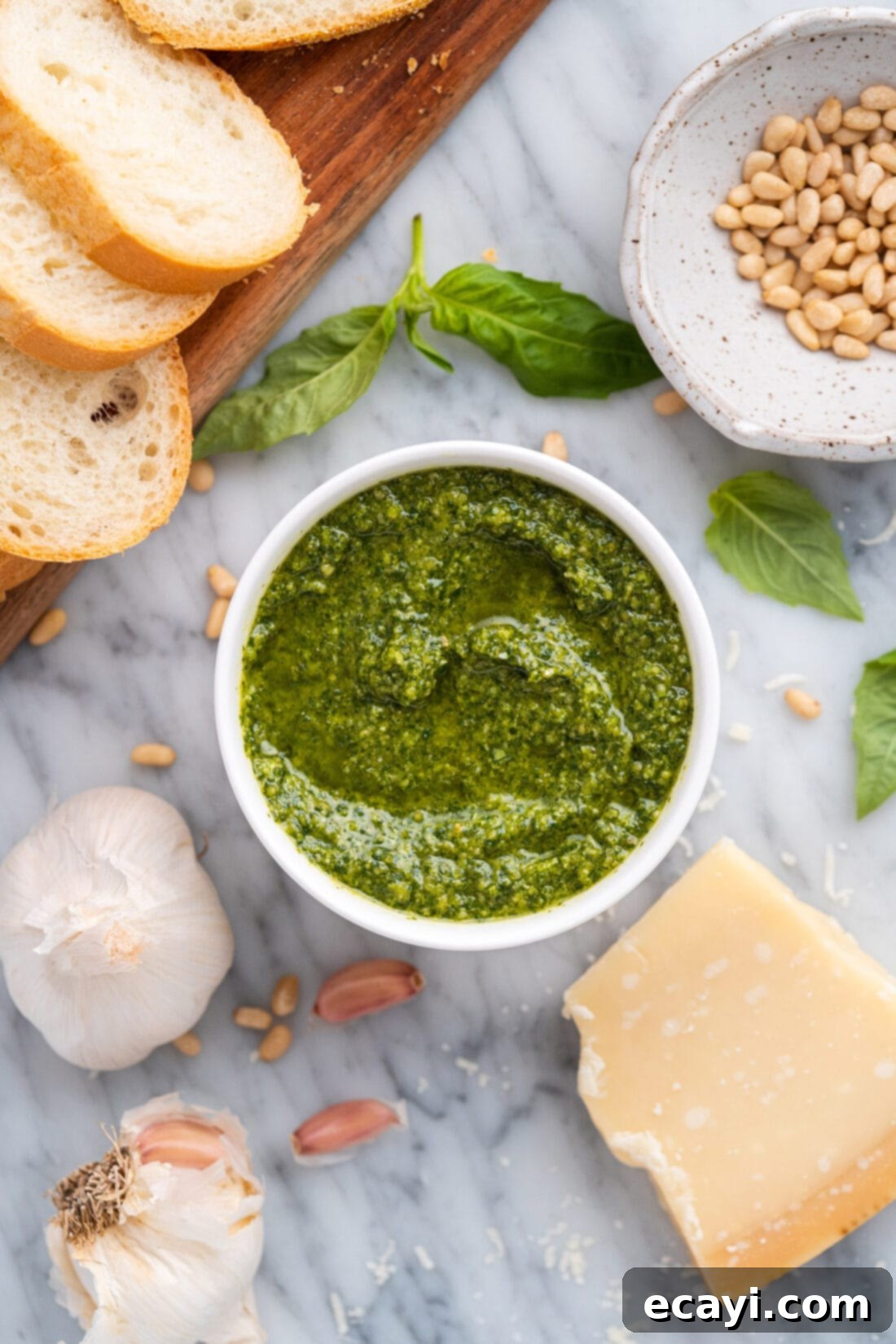 Pesto Perfection 2 Fresh homemade basil pesto in a rustic white bowl, garnished with whole basil leaves and pine nuts, ready to be served.