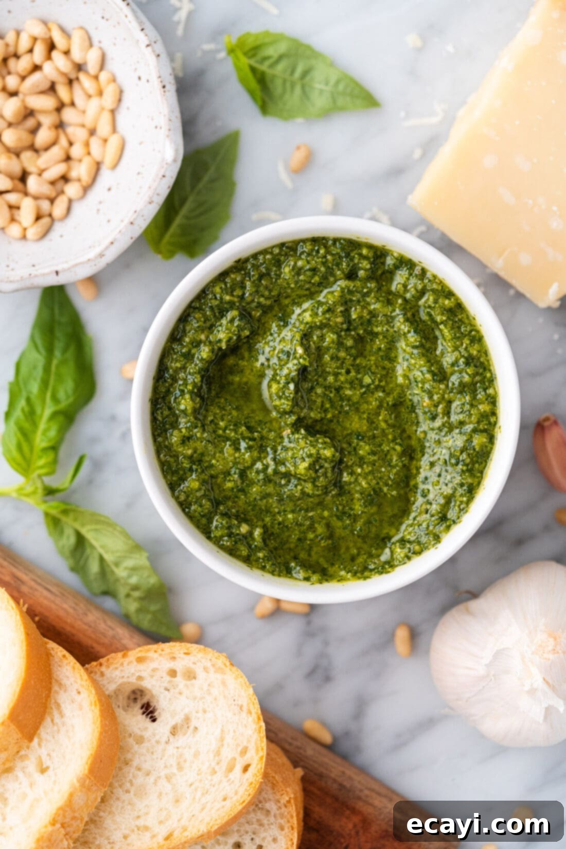 Pesto Perfection 8 A bowl of vibrant green basil pesto, garnished with a sprig of fresh basil and a scattering of pine nuts, ready for serving.