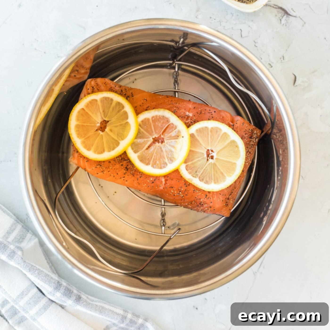 Effortless Instant Pot Salmon 6 Lemon slices on top of salmon in Instant Pot on a trivet
