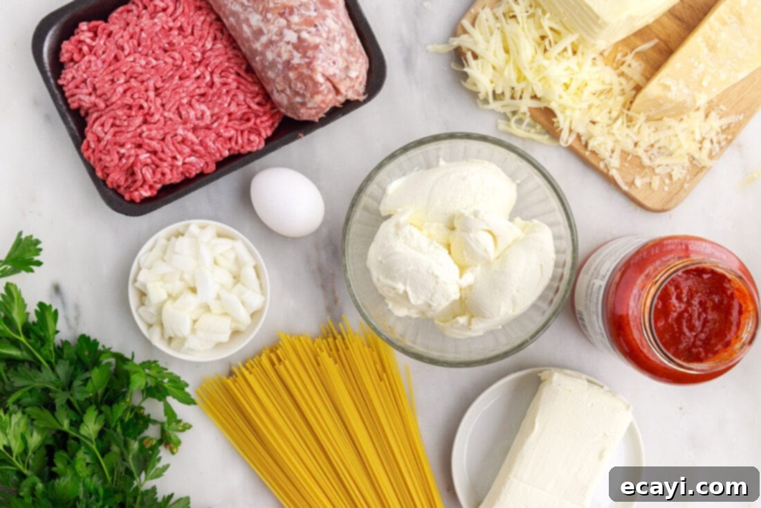 The Ultimate Million Dollar Spaghetti 4 A vibrant display of fresh ingredients for Million Dollar Spaghetti, including pasta, ground meats, cheeses, and marinara sauce.