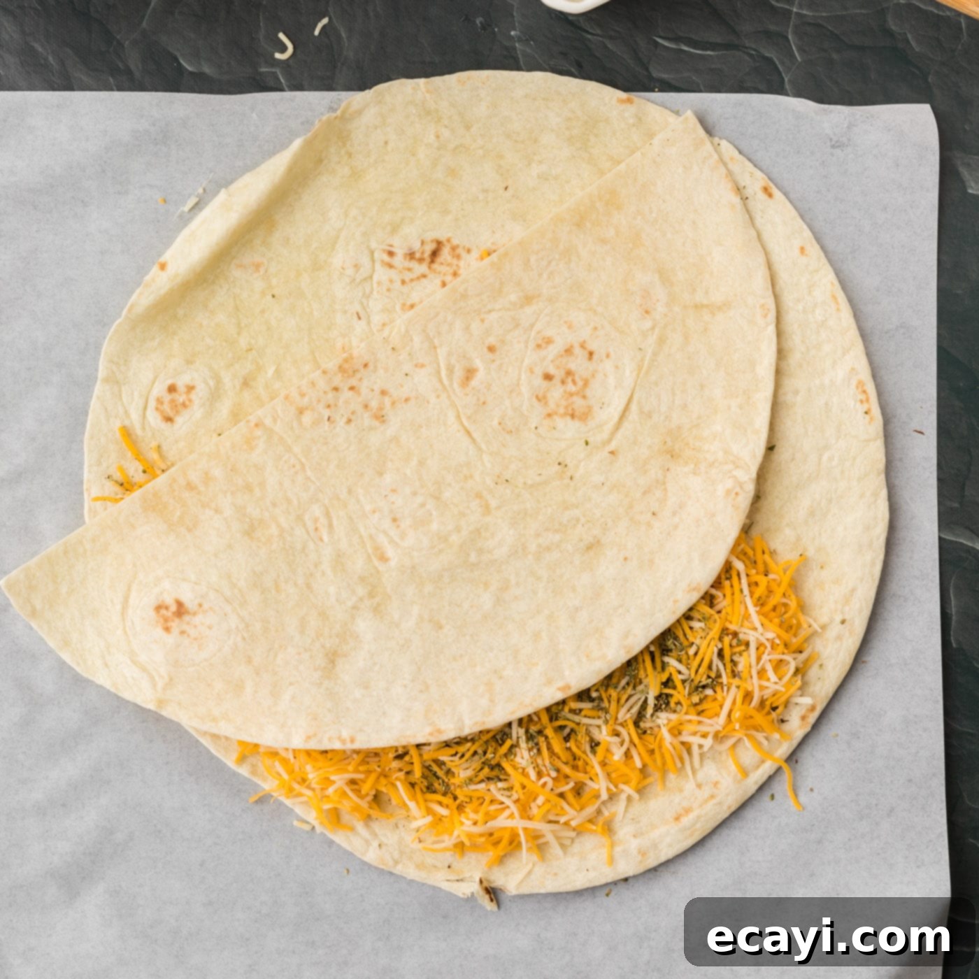 Quesadilla Perfection 7 cheese quesadilla folded over