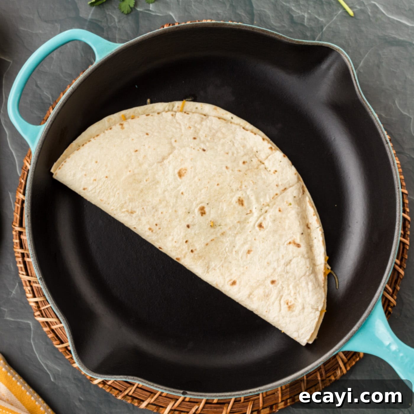 Quesadilla Perfection 10 cheese quesadilla in a skillet
