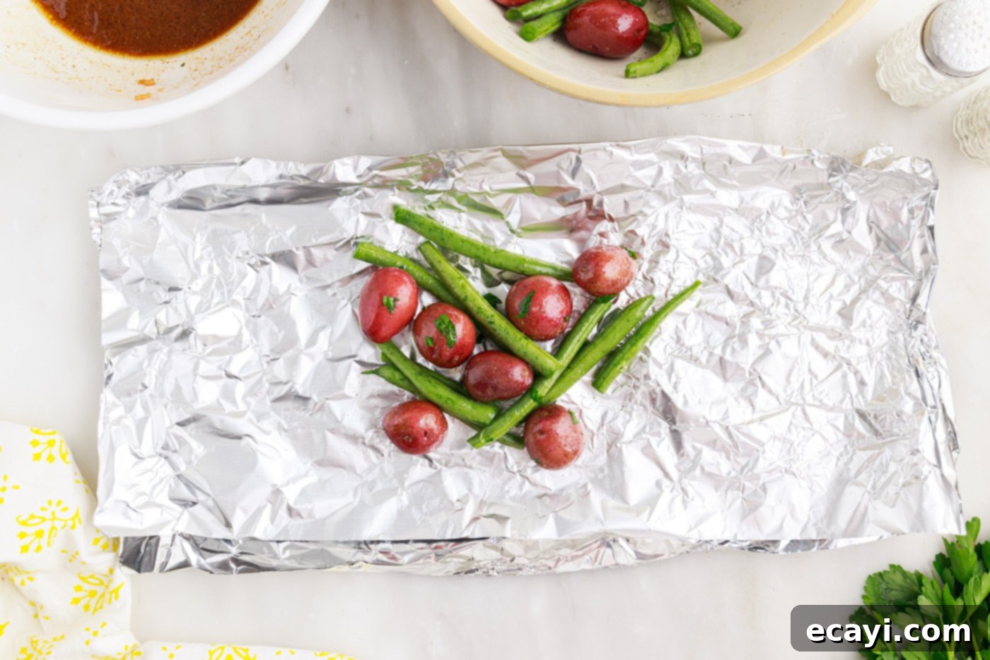 Fireside Foil Feasts 8 green beans and baby potatoes in foil