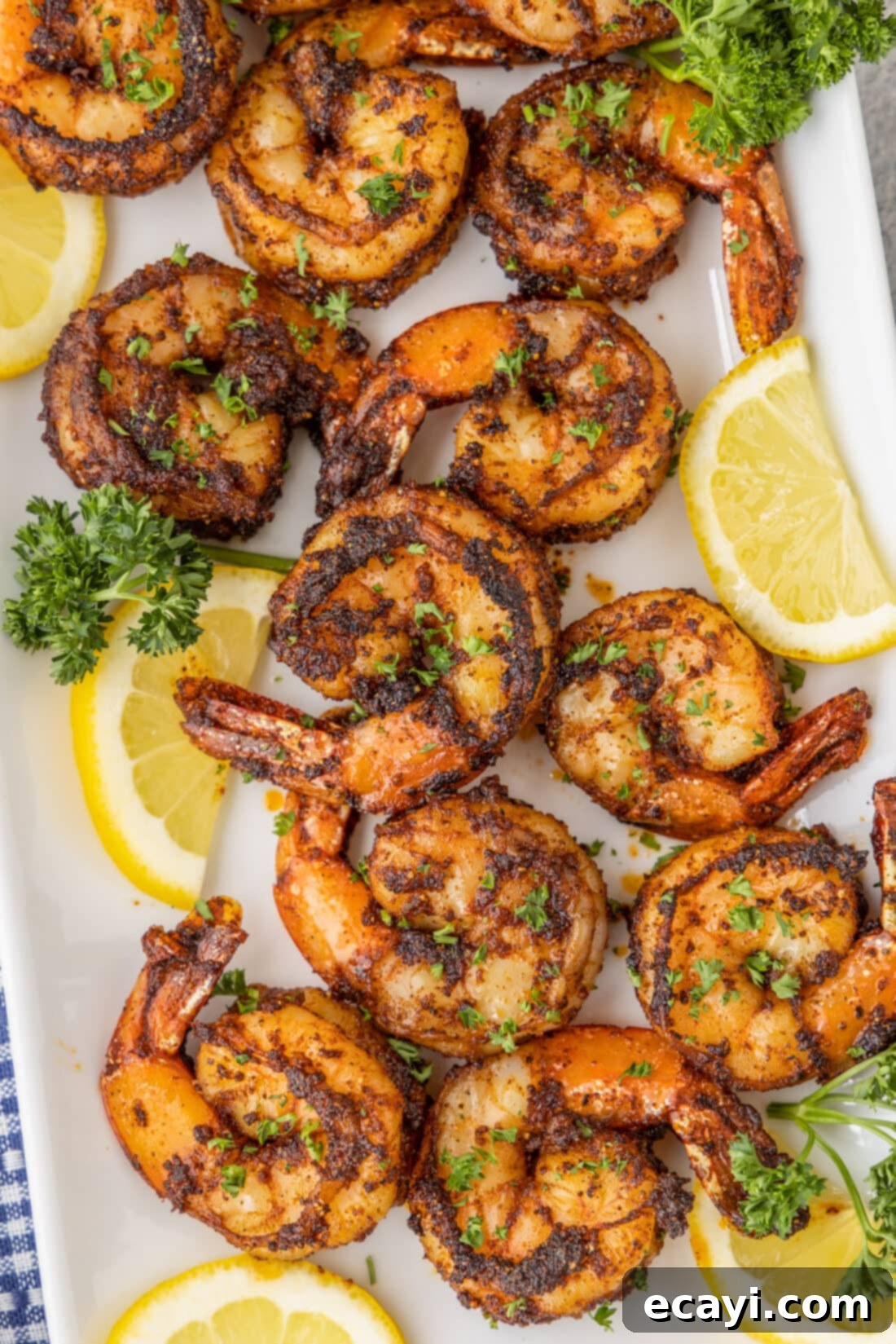 Bayou Blackened Shrimp 2 Platter of perfectly pan-seared Blackened Shrimp, garnished and ready to serve