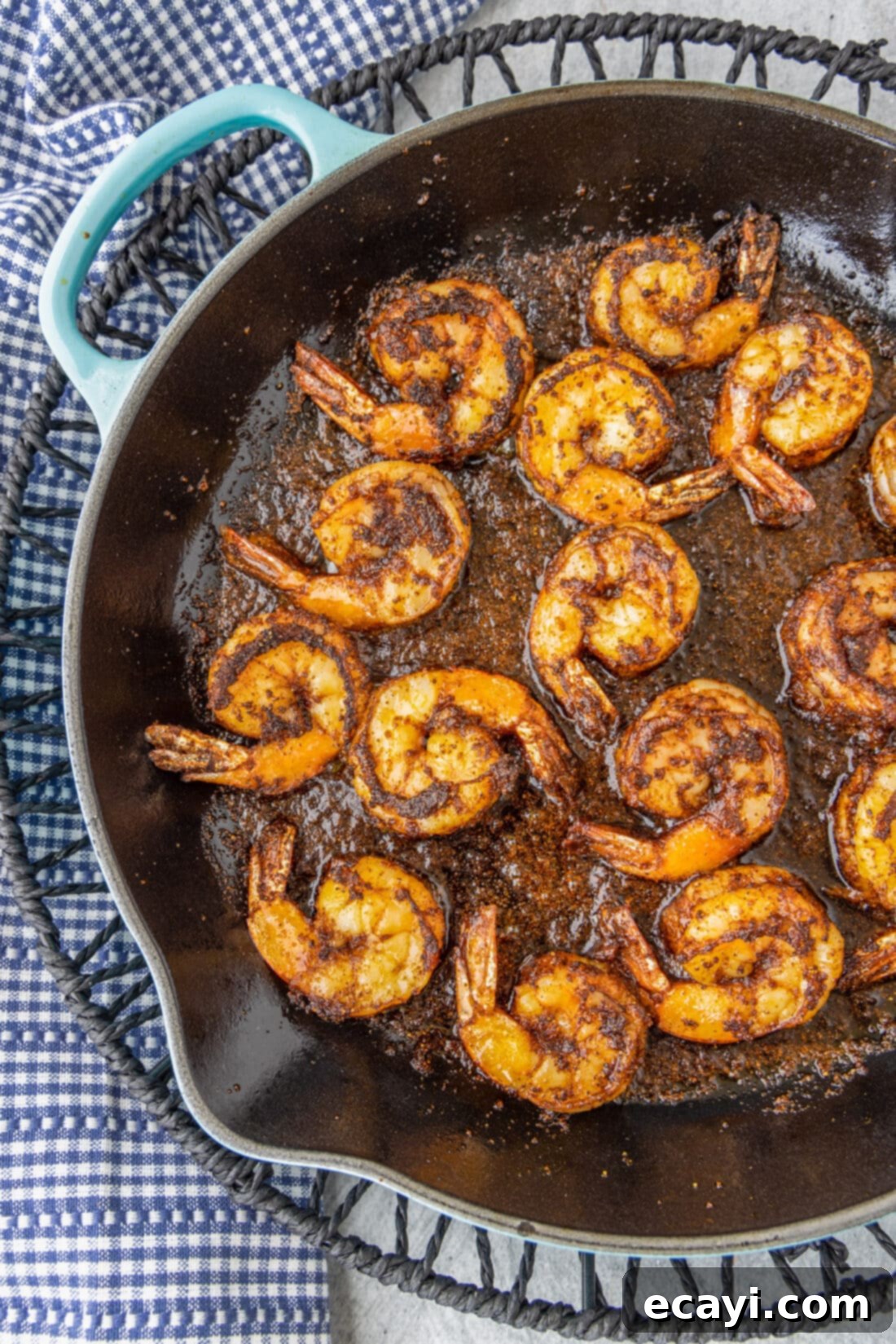 Bayou Blackened Shrimp 3 Blackened Shrimp sizzling in a hot cast-iron skillet