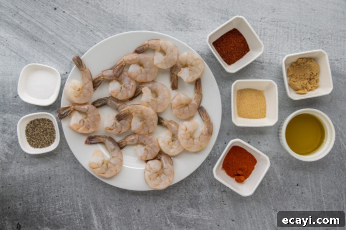 Bayou Blackened Shrimp 4 Individual ingredients laid out for making Blackened Shrimp, including fresh shrimp and spices