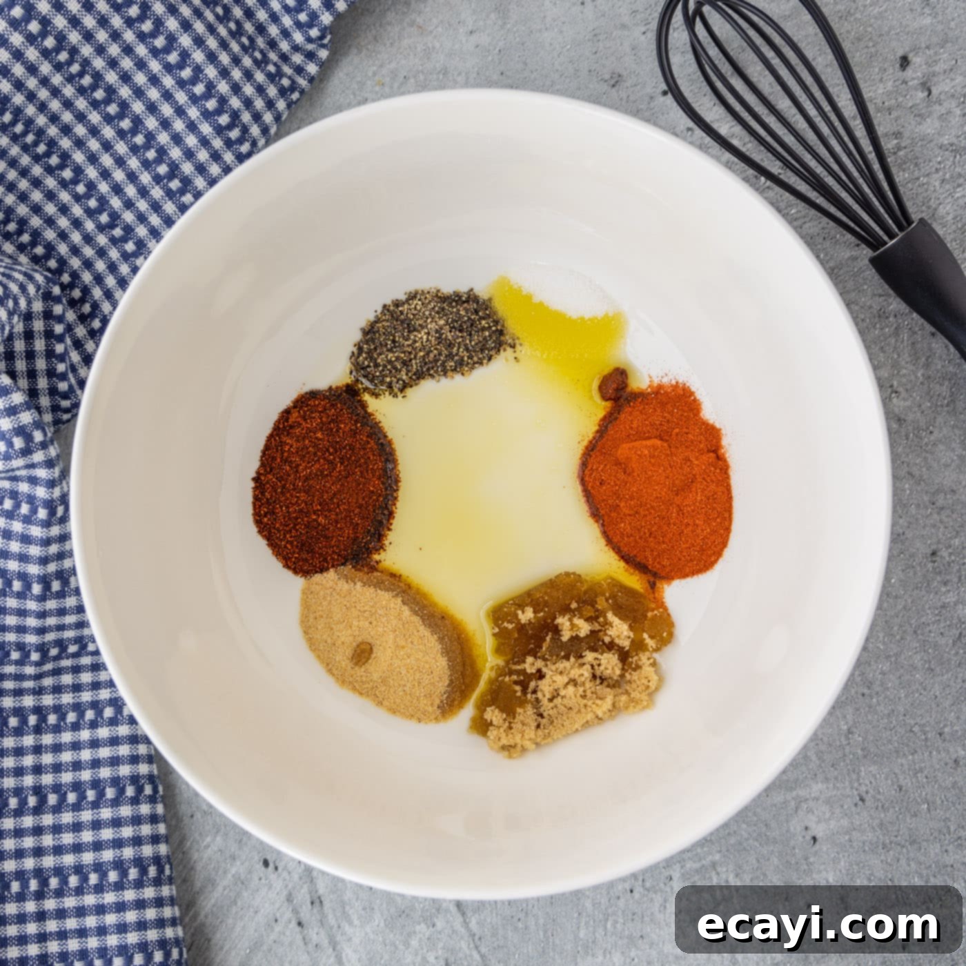 Bayou Blackened Shrimp 5 Individual ingredients for blackened seasoning in a bowl, before mixing
