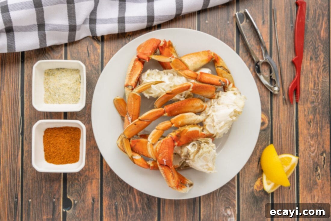 Pacific's Sweetest Catch 4 Raw Dungeness crab legs, garlic salt, and Old Bay seasoning laid out on a surface.