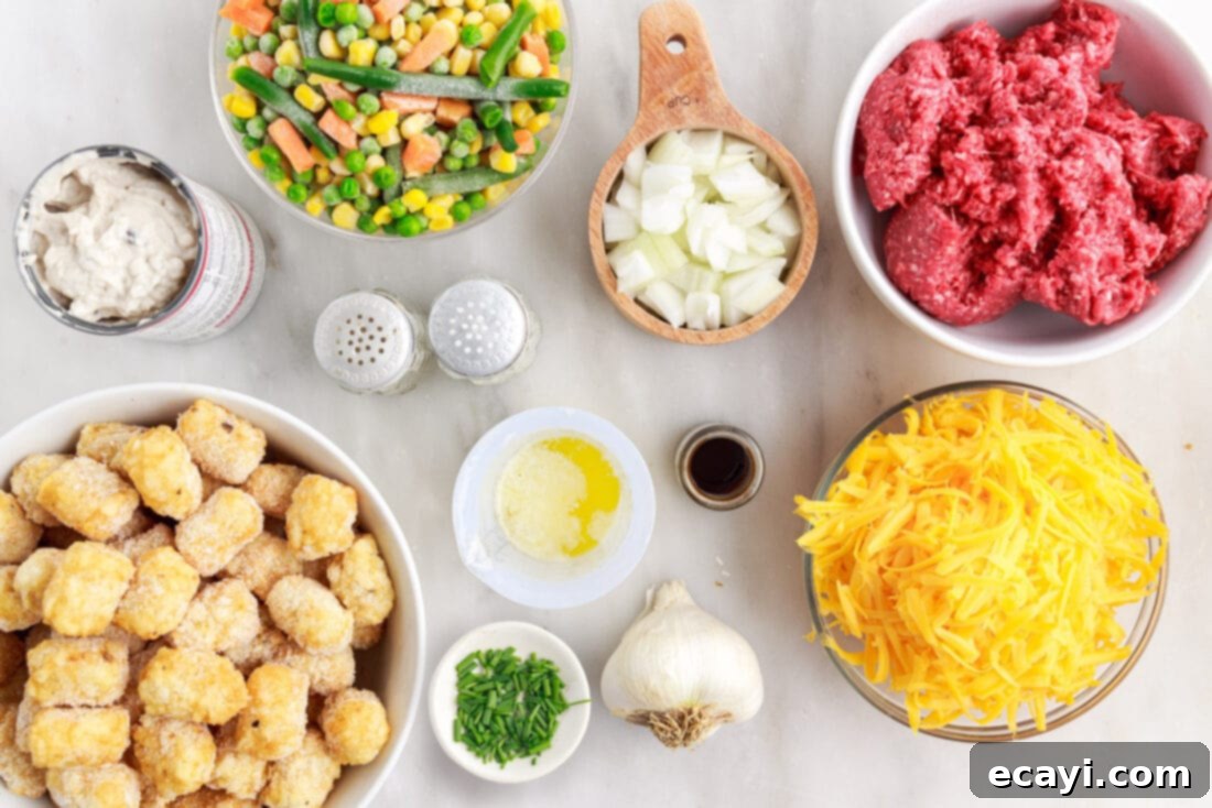 Crispy Tatertot Bake 4 Various ingredients laid out for making Tatertot Casserole including ground beef, tater tots, cheese, and canned soup