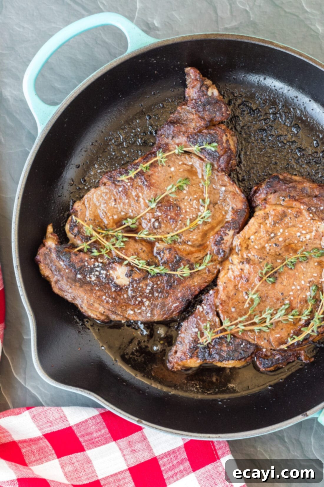 Flawless Reverse Sear Ribeye 3 Reverse Sear Ribeye in skillet, showing the beautiful crust forming.