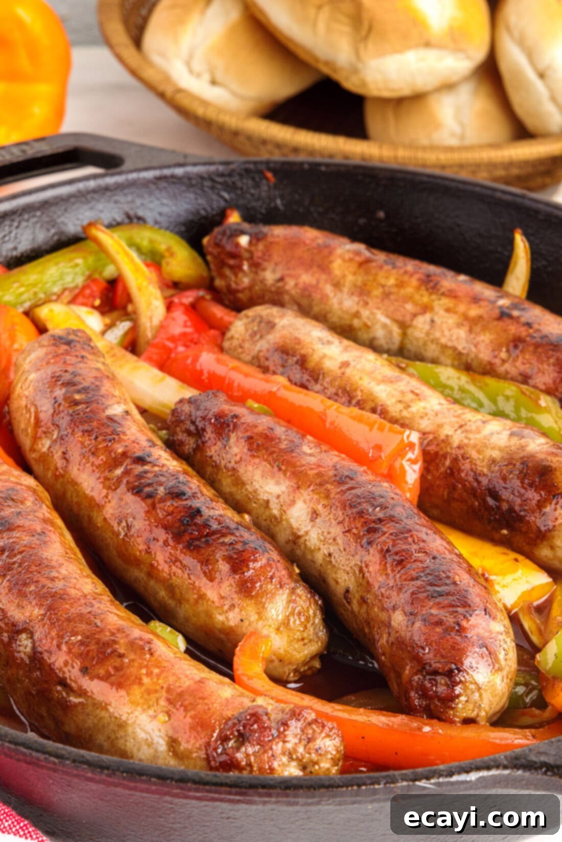 Sausage and Pepper Sizzle 2 Vibrant Skillet Sausage and Peppers with colorful bell peppers and onions, ready to be served