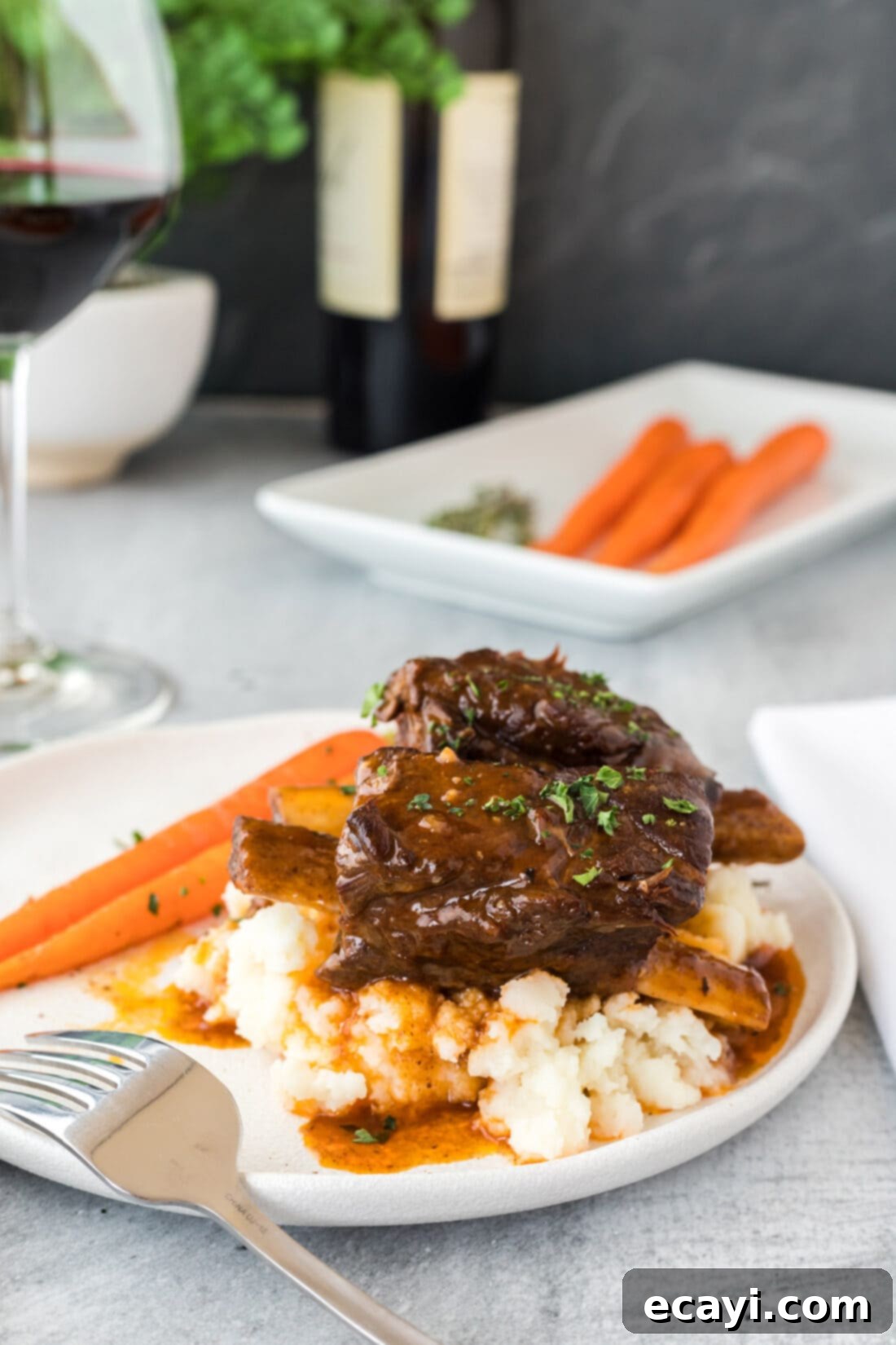 Fall-Off-The-Bone Instant Pot Beef Short Ribs 2 Plate of perfectly cooked Instant Pot Beef Short Ribs with gravy