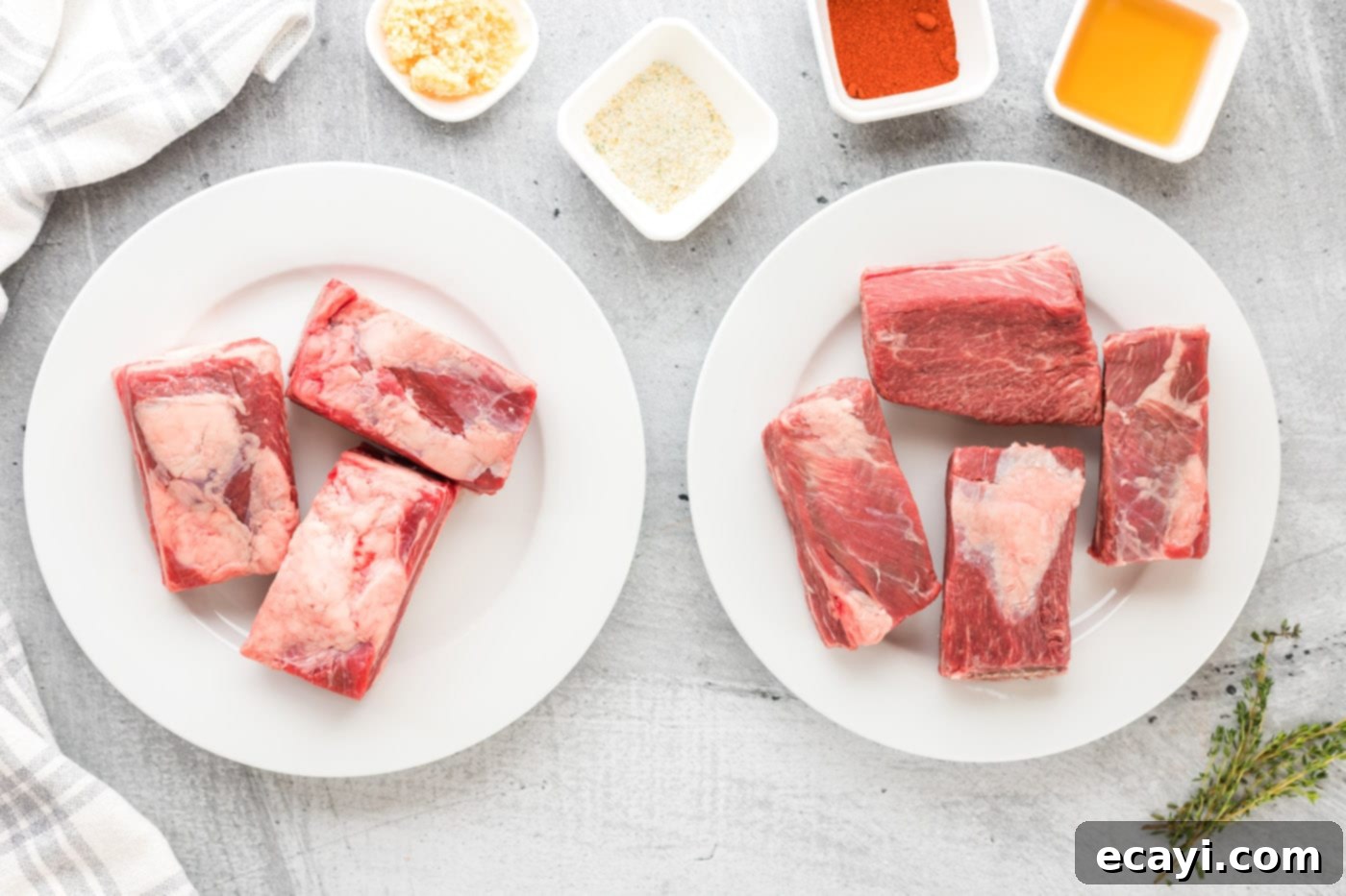 Fall-Off-The-Bone Instant Pot Beef Short Ribs 5 Cleaned and patted dry beef short ribs on plates